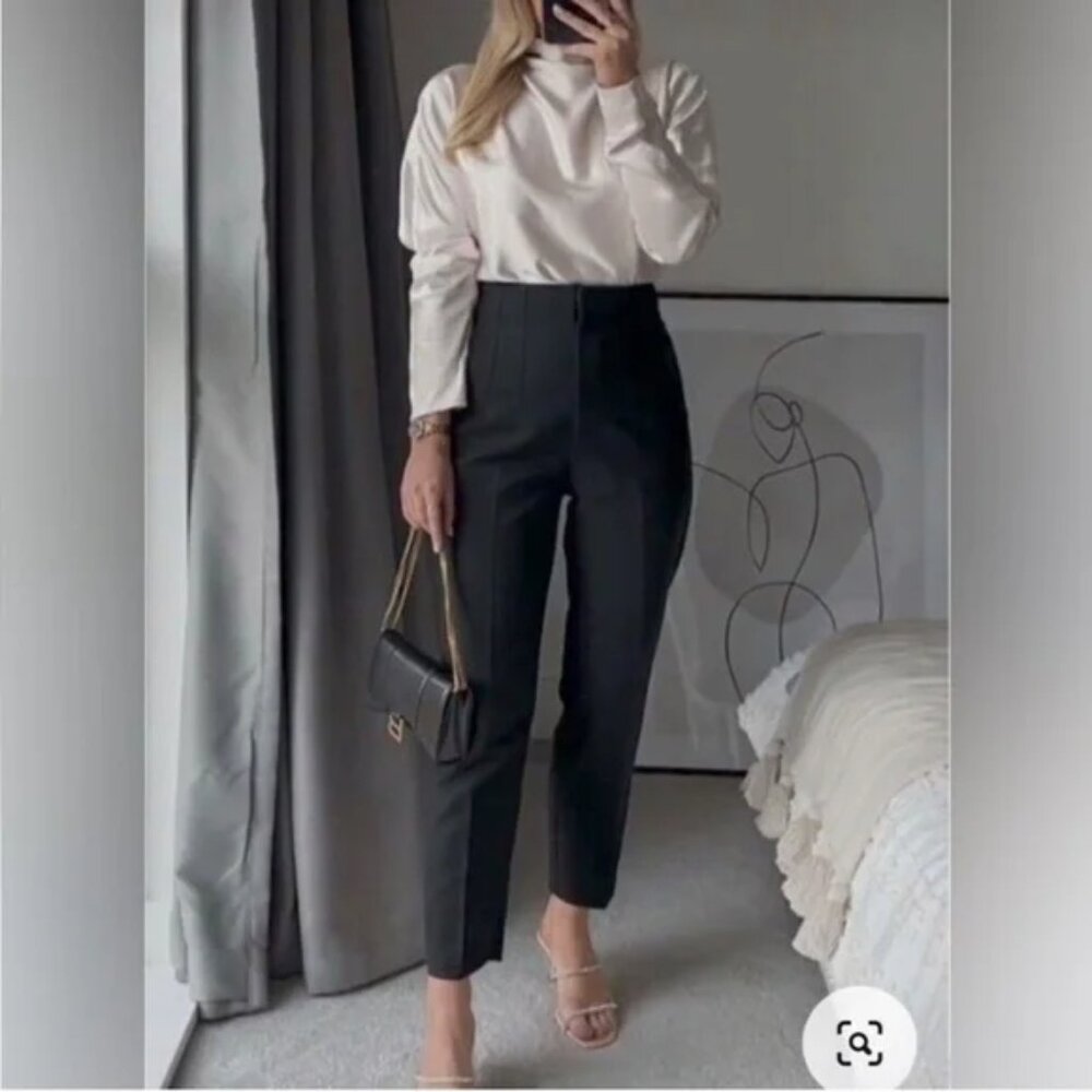 Zara High-Waisted Slim Tapered Trousers with Darts – Black | Size M